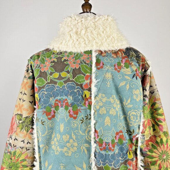 NWOT Johnny Was Sherpa Fur & Faux Suede Floral Coat Jacket Zipper Pockets Size L - Picture 6 of 13